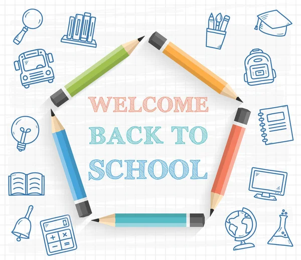 Welcome Back School Background Pencils Hand Drawn Icons Paper Vector Vector Graphics