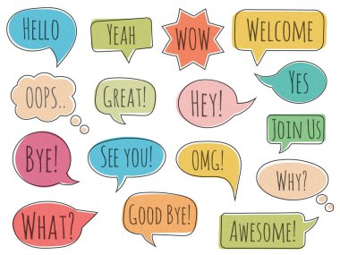 Speech bubbles with different phrases, vector eps10 illustration clipart