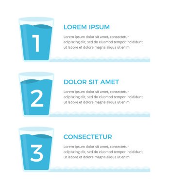 Sayılı üç bardak su ve metin için yer, su bilgi grafikleri, vektör eps10 illüstrasyon