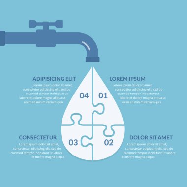 Su damlası dört yapboz parçasına bölünmüş numaralar ve metin, su bilgi grafikleri, vektör eps10 illüstrasyon