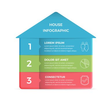Metin ve simgeler için yeri olan üç elemente bölünmüş ev ile bilgi şablonu, vektör eps10 illüstrasyon