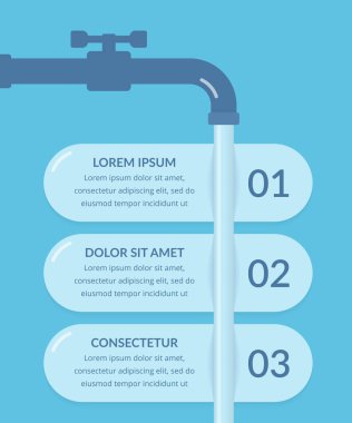 Musluk ve suyla üç element içeren bilgi şablonu, vektör eps10 illüstrasyon