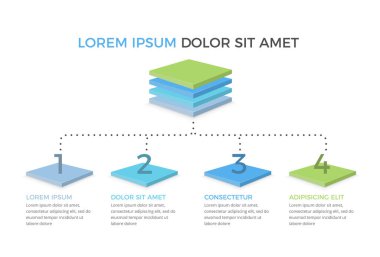 3 boyutlu kareli 4 elementten oluşan akış şeması, 4 adımlı şema, eps10 illüstrasyonlu vektör