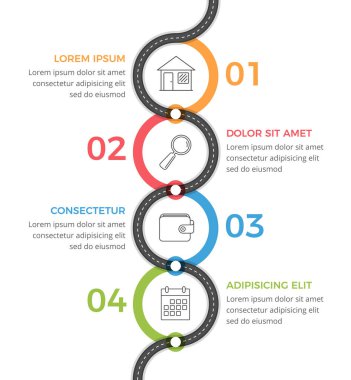 Simgeleriniz ve metinleriniz için dört elemente sahip dikey yol bilgisi şablonu, vektör eps10 illüstrasyonu