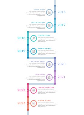 İkonları ve metni olan sekiz elementle dikey zaman çizgisi bilgisi, vektör eps10 illüstrasyonu