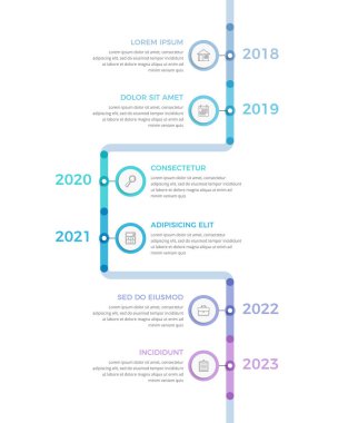 Simgeli ve metinli altı öge içeren dikey zaman çizgisi bilgi grafikleri, vektör eps10 illüstrasyonu