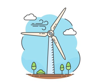 Rüzgar enerjisi kavramı - Ağaçlı ve bulutlu rüzgar türbini, çizgi biçimi, vektör Eps10 illüstrasyonu