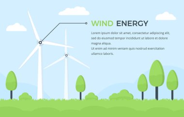 Mavi gökyüzü arka planında rüzgar türbinleri, ağaçlar ve çimenler olan manzara bulutlar, yeşil enerji konsepti, metinleriniz için yer, vektör eps10 illüstrasyon