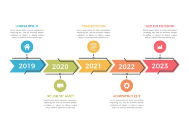 Beş ok, iş akışı veya süreç diyagramı, vektör eps10 illüstrasyonlu zaman çizelgesi bilgi şablonu