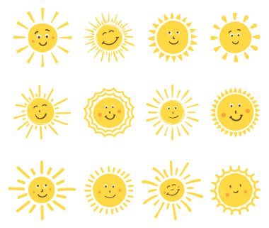Beyaz arka planda sevimli el çizimi gülümseyen güneşler, vektör eps10 illüstrasyon