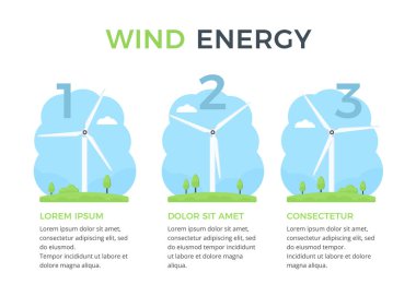 Rüzgâr enerjisi bilgi şablonu - metniniz için üç yel değirmeni, yeşil yenilenebilir enerji konsepti, vektör eps10 illüstrasyon