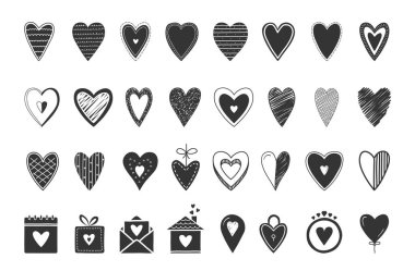 Set of hand drawn icons with hearts, doodle style, vector eps10 illustration clipart