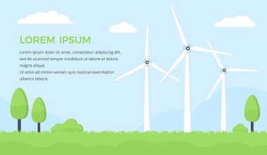 Mavi gökyüzü arka planında rüzgar türbinleri, ağaçlar ve çimenler olan manzara bulutlar, yeşil enerji konsepti, metinleriniz için yer, vektör eps10 illüstrasyon
