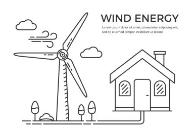 Rüzgar enerjisi konsepti - rüzgar türbinine bağlı ev, çizgi biçimi, vektör eps10 illüstrasyonu