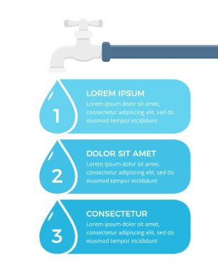 Musluk ile bilgi şablonu ve sayı ve metin ile üç su damlası, vektör eps10 illüstrasyon