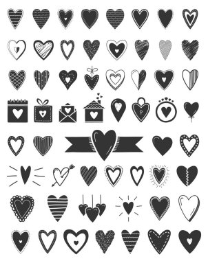 Set of hand drawn black heart icons, heart doodles, vector eps10 illustration clipart