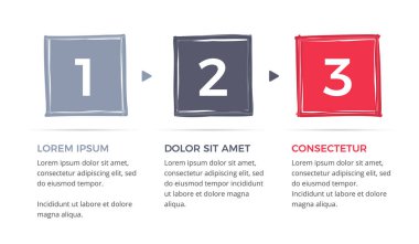 El çizimi kareler ile 3 adım veya seçenekli bilgi şablonu, vektör eps10 illüstrasyon