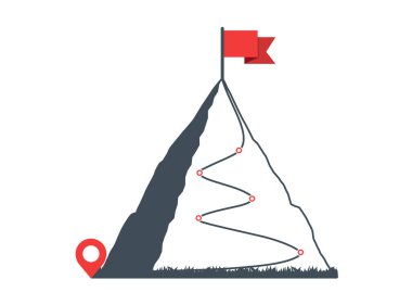 Mountain with red flag and with route to the top, vector eps10 illustration