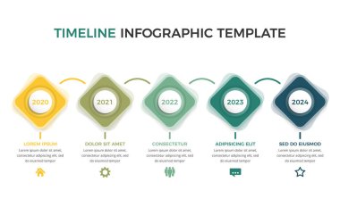 Tarih ve metin için beş elemente sahip yatay zaman çizgisi bilgi grafikleri şablonu, vektör eps10 illüstrasyonu