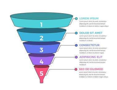 Satışlar huni diyagramı 5 elementle, ticari bilgi tasarım şablonu, vektör eps10 illüstrasyon