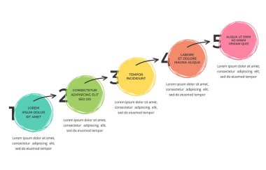 Elle çizilmiş daireler ve oklarla metniniz için beş elemente sahip bilgi şablonu, eps10 illüstrasyon vektörü