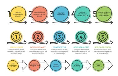 Beş el çizilmiş daire ve okları olan bilgi şablonları kümesi, vektör eps10 illüstrasyon