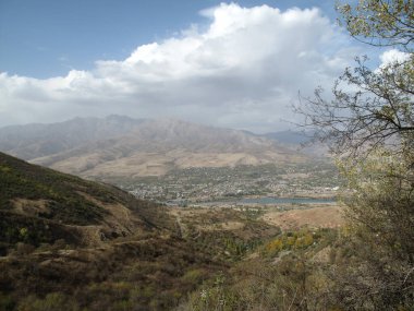           Büyük bir yükseklikten sonbahar dağlarına kadar panoramik manzara ve yerleşim                     