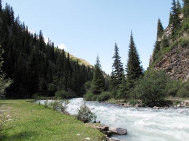 Kayalıklara yakın dağ nehri ve dağlarda açıklık.          