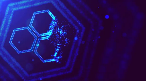 六角形纳米技术的抽象背景 发光的霓虹灯粒子蜂窝形状 抽象分子模型 分子化学科学研究 石墨烯分子原子六边形 — 图库矢量图片