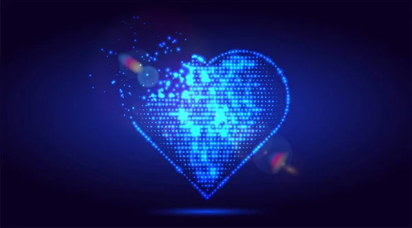 Virtual love. Cybernetic particle neon heart symbol. Blue glowing digital heart from glowing points. Cardiology, healthcare concept.