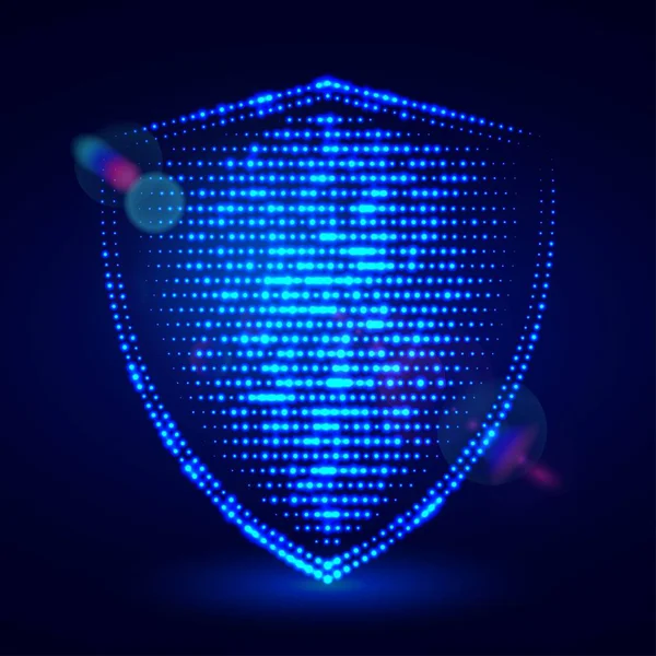 Blue glowing digital shield made of light dots. Protect and Security concept.