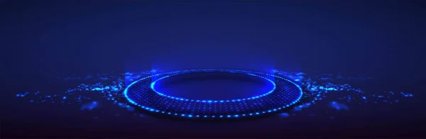 Futuristic technology podium. Neon glowing ring on floor made of particles with dept of field for gaming product presentetion. Round pedestal on dark background. Futuristic product stand template