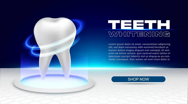 激光牙齿美白未来派风格的旗帜 蓝光照射下的圆形基座上的技术室内的白牙 创新的牙科 人工牙植入的概念 3D矢量模板 — 图库矢量图片#