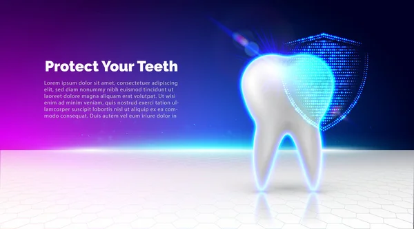 牙齿保护 白牙由发光的数字屏蔽保护 未来派现代牙科横幅与文字的位置 矢量说明 — 图库矢量图片#