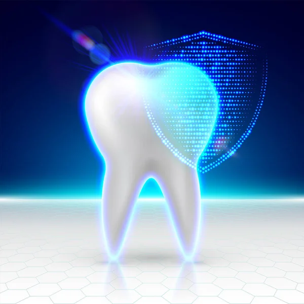 Bílý Zub Chráněný Zářícím Digitálním Štítem Caries Ochrana Futuristický Moderní — Stockový vektor