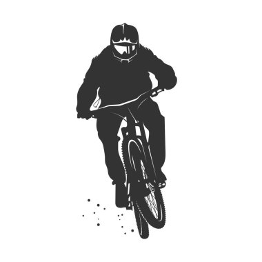 Dağ bisikletçisinin manzarası. MTB, dayanıklı, yokuş aşağı, vektör silueti.