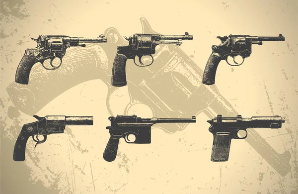 Retro Klassische Handfeuerwaffen Set Oldtimer Ertrinkungswaffen Alte Pistolen Und Revolver — Stockvektor