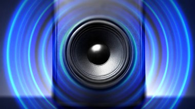 Ses hoparlörü titreşen mavi ses dalgalarıyla. Profesyonel hoparlör. Müzik stüdyosu konuşmacısı.