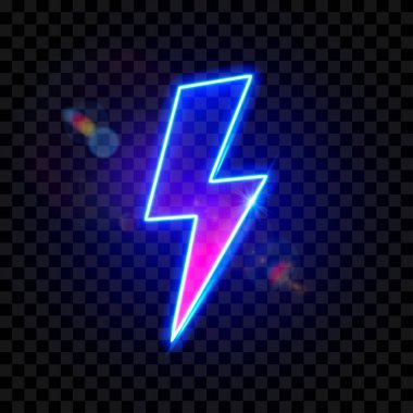 Neon enerji yıldırımı shymbol. Elektrik gücü. Hızlı batarya şarj. Şeffaf arkaplanda izole.