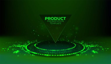 Yuvarlak foturistik podyum. Yerde parlayan yeşil bir yüzük. Görüntü ürünü için soyut yüksek teknoloji arkaplanı