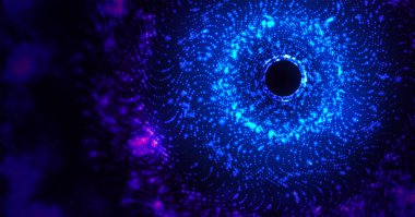 Neon partikülleri tüneli. Büyük veri. Sihirli mor soyut kozmik arka plan. Işık ve parçacık girdabı. Fütürist portal. Geleceğin 3 boyutlu solucan deliği ızgarası.