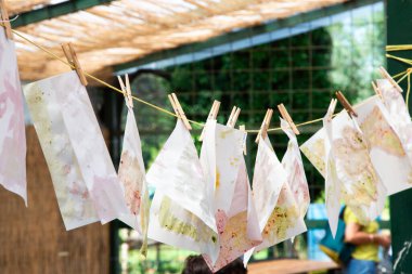 Çeşitli kağıtlardan oluşan bir koleksiyon şu anda bir çamaşır ipinde asılı, rüzgarda hafifçe çırpınıyor, açık alana renkli bir dokunuş ekliyor.