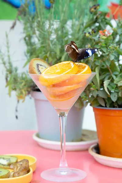 Zarif bir şekilde canlı portakal dilimleri ve ferahlatıcı kivi dilimleriyle dolu sofistike bir martini bardağı renkli bir sunum oluşturur.