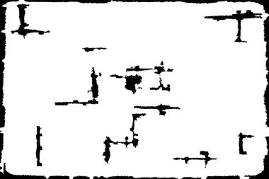 Grunge siyah beyaz desen. Monokrom parçacıkları soyut doku. Çatlakların, sürtünmelerin, çiplerin, lekelerin, mürekkep lekelerinin geçmişi. Koyu tasarım arka plan yüzeyi. 