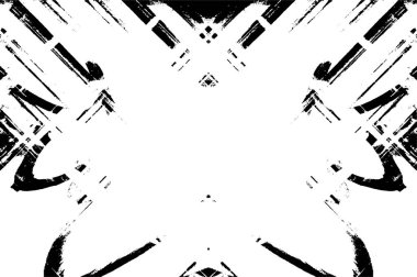 Grunge siyah beyaz desen. Monokrom parçacıkları soyut doku. Çatlakların, sürtünmelerin, çiplerin, lekelerin, mürekkep lekelerinin geçmişi. Koyu tasarım arka plan yüzeyi. 