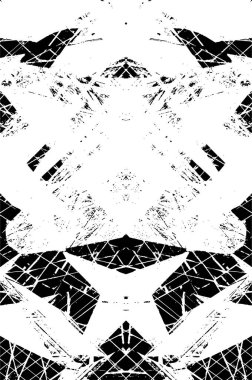 Grunge siyah beyaz desen. Monokrom parçacıkları soyut doku. Çatlakların, sürtünmelerin, çiplerin, lekelerin, mürekkep lekelerinin geçmişi. Koyu tasarım arka plan yüzeyi. 