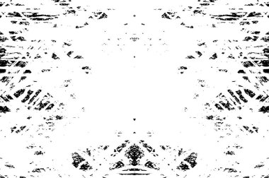 Grunge üst üste biniyor. Soyut siyah-beyaz vektör arkaplanı. Çatlak, leke ve noktalarda kirli desenli tek renkli klasik yüzey. Karanlık korku tarzında eski bir duvar.