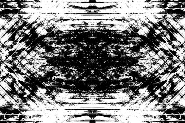 Grunge siyah beyaz desen. Monokrom parçacıkları soyut doku. Çatlakların, sürtünmelerin, çiplerin, lekelerin, mürekkep lekelerinin, çizgilerin geçmişi. Koyu tasarım arka plan yüzeyi.
