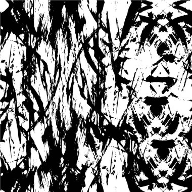 Grunge üst üste biniyor. Soyut siyah-beyaz vektör arkaplanı. Çatlak, leke ve noktalarda kirli desenli tek renkli klasik yüzey. Karanlık korku tarzında eski bir duvar.