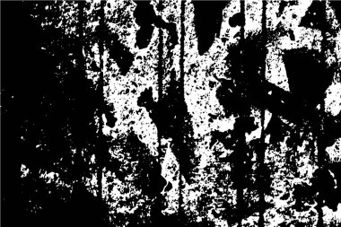 Grunge üst üste biniyor. Soyut siyah-beyaz vektör arkaplanı. Çatlak, leke ve noktalarda kirli desenli tek renkli klasik yüzey. Karanlık korku tarzında eski bir duvar.